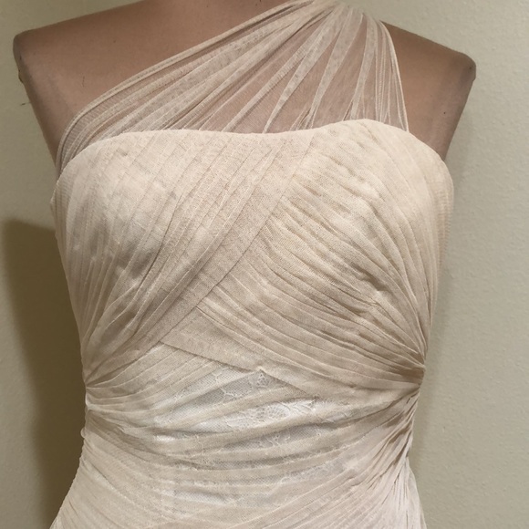 Monique Lhullier Wedding Dress Size 0P 0 Petite Cream Pleated Lace One Shoulder - Picture 3 of 13